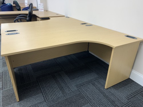 Crescent Desk, With Panel End Legs, In Light Oak Finish - 1800mm Width x 1175mm Depth. 1 Left-Hand In Stock