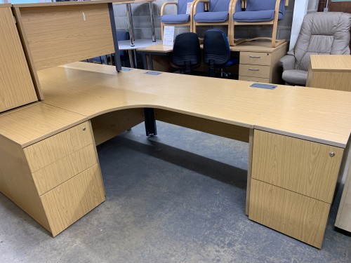 Crescent Desk & Two Desk High Pedestals, In Bura Oak Finish - 1600mm Width x 1200mm Depth. 1 Right-Hand In Stock