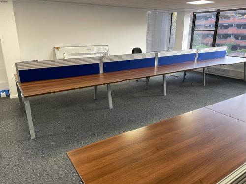 Used Bench Desking & Desk Top Screens, Set Of 8, In Walnut Finish - Overall Dimensions 6400mm Width x 1600mm Depth. 2 Sets In Stock