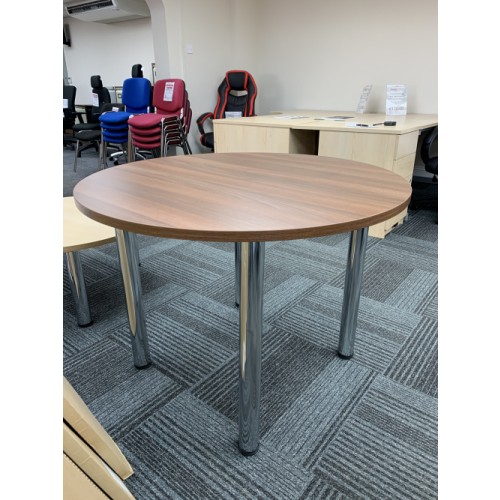NEW - Meeting Table, 1000mm Diameter, Finished In Walnut & Chrome Tubular Legs. 1 In Stock (NEW - Cancelled Order)