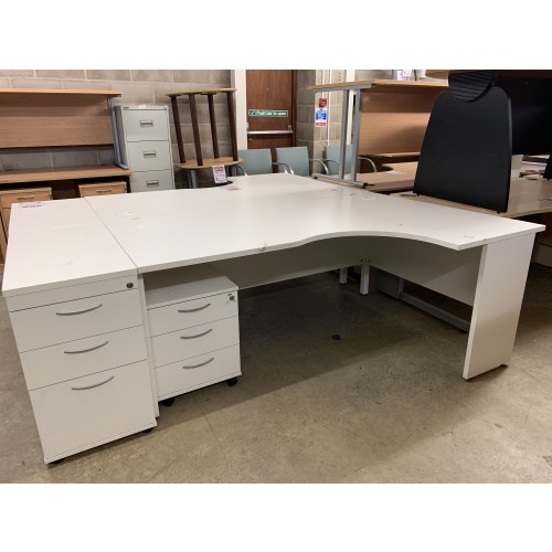 Crescent Desk & Mobile/Desk High Pedestal, Finished In White. 1800mm Width x 1200mm Depth. 1 Left-Hand In Stock.