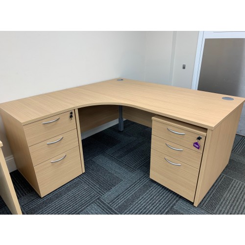 NEW - Crescent Desk & Two Pedestals, 1600mm Width x 1175mm Depth. In Verada Oak Finish. 1 In Stock (NEW - EX DISPLAY MODEL)