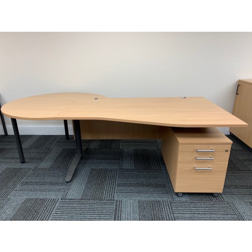 Wave Desk, Pedestal & Extension Table, In Oak Finish - 2360mm Width x 1000-800mm Depth. 1 In Stock