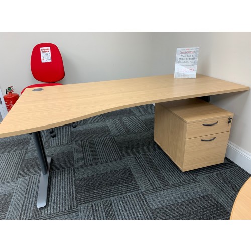 Wave Desk & Mobile Pedestal, In Verada Oak Finish. 1800mm Width x 1000-800mm Depth. 1 Left-Hand In Stock