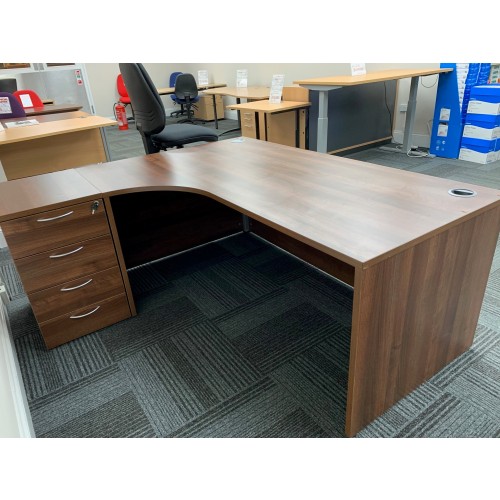 Crescent Desk & Desk High Pedestal, Left-Hand, In Walnut Finish. 1800mm Width x 1200mm Depth. 1 In Stock