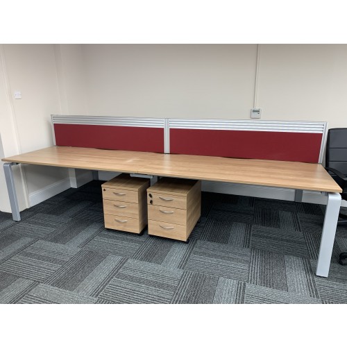 Set Of Four Back-To-Back Bench Desking (Birch Finish), 1600mm Width x 800mm Depth (Each Desk). Each With Lockable Mobile Pedestal & Burgundy Desk Top Screen. 3 Sets In Stock