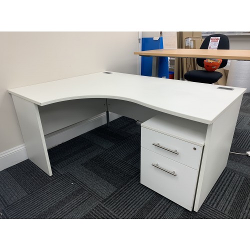 Crescent Desk & Mobile Pedestal, In White Finish. 1600mm Width x 1200mm Depth. 1 Left-Hand In Stock