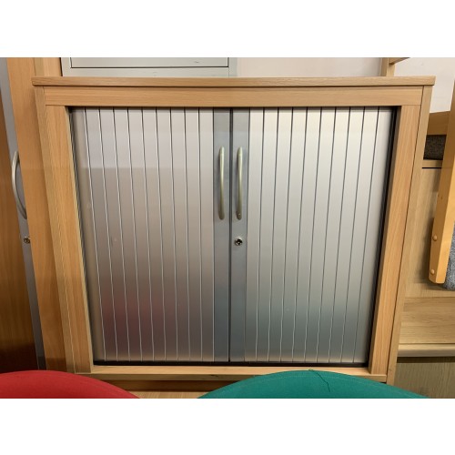Tambour Cupboard, With 1 Shelf, In Beech Finish. 740mm High x 795mm Width x 590mm Depth. 1 In Stock