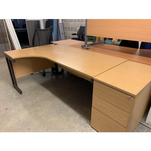 Crescent Desk & Desk High (800mm Depth) Pedestal, In Oak Finish. 1800mm Width x 1200mm Depth. 1 Left & 1 Right-Hand In Stock