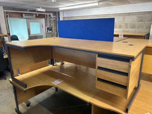 Used Crescent Desk & Fixed Pedestal, In Oak Finish - 2000mm Width x 1150mm Depth. 1 In Stock