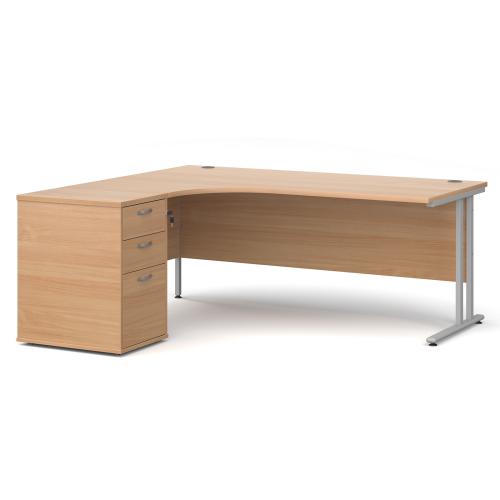 Used Crescent Desk & Desk High Pedestal, In Beech Finish - 1800mm Width x 1200mm Depth. 2 Left & 1 Right-Hand In Stock