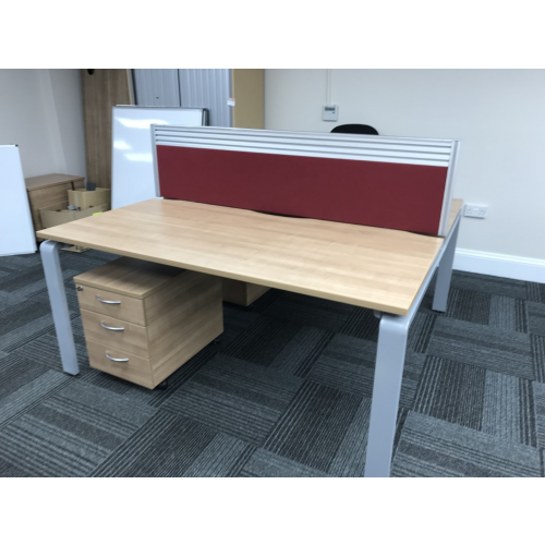 Set Of Two Back-To-Back Bench Desking (Birch Finish), 1600mm Width x 800mm Depth. Each With Lockable Mobile Pedestal & Burgundy Desk Top Screen. 4 Sets In Stock