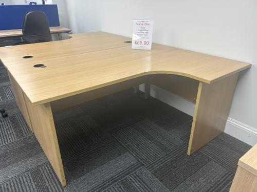 Used Crescent Desk, Oak Finish - 1600mm Width x 1200mm Depth. 1 Right-Hand In Stock