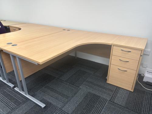 Used Crescent Desk & Desk High Pedestal, In Beech Finish & Graphite Legs - 1600mm Width x 1200mm Depth. 3 Left & 3 Right-Hand In Stock