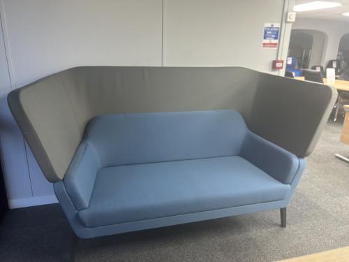 As New - Open Booth Soft Seating - 1900mm Width x 1200mm Overall Height x 900mm Depth. Upholstered in ''Martinique'' Blue / ''Krabi'' Grey. Very Good Condition! 1 In Stock