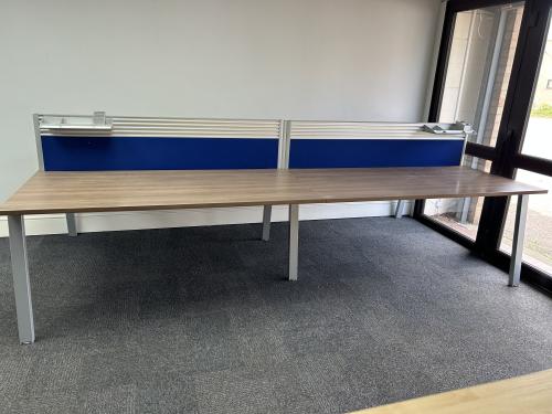 Used Bench Desking, Set Of 4, In Light Walnut Finish - Overall Dimensions 3200mm Width x 1600mm Depth. 1 Set In Stock