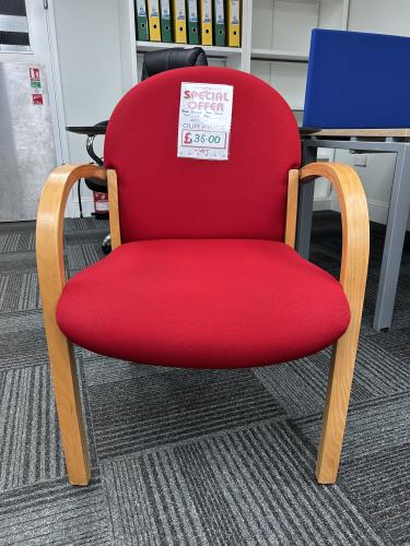 Used Reception/Visitor Chair, With Arms - Wooden Frame & Red Fabric. 3 In Stock