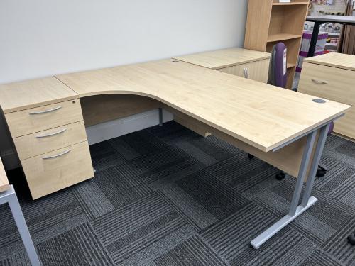 Used Crescent Desk & Desk High Pedestal, Left-Hand, In Maple Finish - 1800mm Width x 1200mm Depth. 1 In Stock