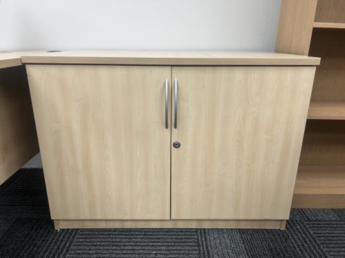 Used Double Door Cupboard, With 1 Shelf, In Maple Finish - 1000mm Width x 600mm Depth x 730mm High. Only 4 Left In Stock!