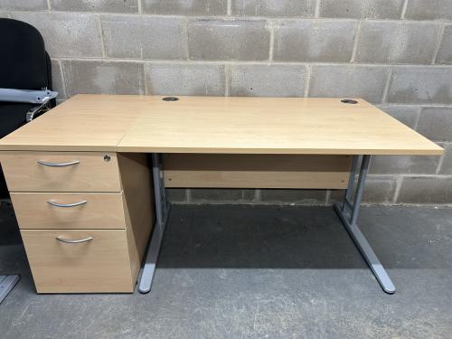 Used Rectangular Desk & Desk High (800mm Depth) Pedestal, In Light Beech Finish - 1200mm Width x 800mm Depth. 1 In Stock