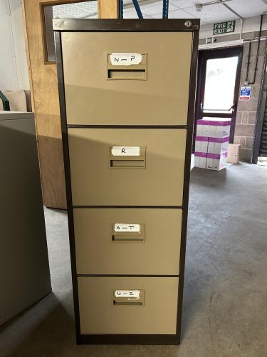 Used Filing Cabinet, 4 Drawer, In Coffee/Cream Finish. 1 In Stock