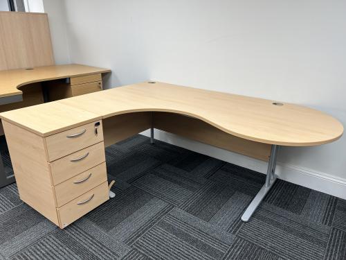 Used Crescent Desk, With D-End Extension, & Desk High Pedestal, In Light Beech Finish - 2000mm Width x 1200mm Depth. 1 In Stock