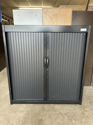 Used Side Opening Tambour Cupboard, With 2 x Pull-Out Suspension File Cradles, In Black Finish - 1050mm High x 1000mm Width x 500mm Depth. 2 In Stock