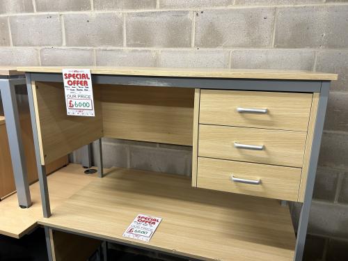 Used Rectangular Desk & Fixed Pedestal, In Light Oak Finish - 1200mm Width x 720mm Depth. 3 In Stock