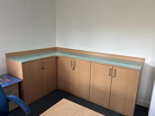 Used Storage Unit Consisting Of 3 Cupboards, In Beech Finish - Overall Dimensions 2550mm Length x 1600mm Depth x 600mm x 1010mm Height. 1 In Stock