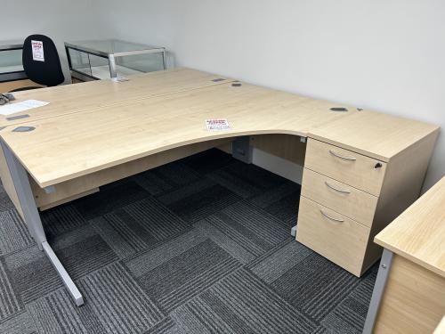 Used Crescent Desk & Desk High Pedestal, In Maple Finish - 1800mm Width x 1200mm Depth. 1 Left & 1 Right-Hand In Stock