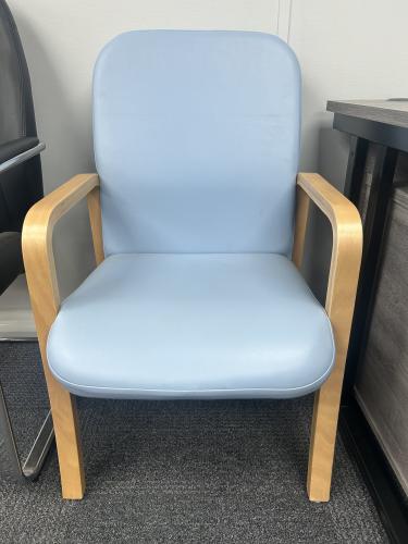 Ex-Display - Reception/Visitors Chair - With Arms - Wooden Frame & Light Blue Vinyl Fabric. 1 In Stock