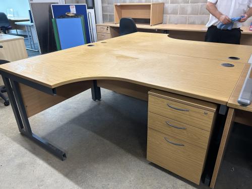 Used Crescent Desk & Mobile Pedestal, In Bura Oak Finish. 1800mm Width x 1175mm Depth. 1 Left-Hand In Stock