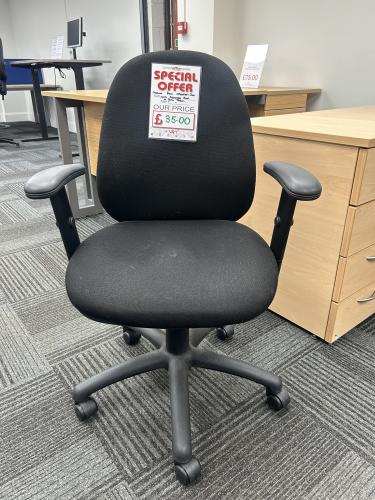 Used Operator Chair, With Adjustable Arms - In Black Fabric. 1 In Stock