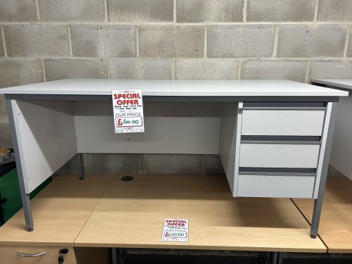 Used Rectangular Desk & Fixed Pedestal, In Grey Finish - 1500mm Width x 750mm Depth. 2 In Stock