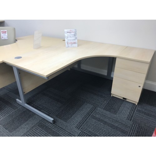 Crescent Desk & Desk High Pedestal, Finished In Maple. 1600mm Width x 1200mm Depth. 1 In Stock