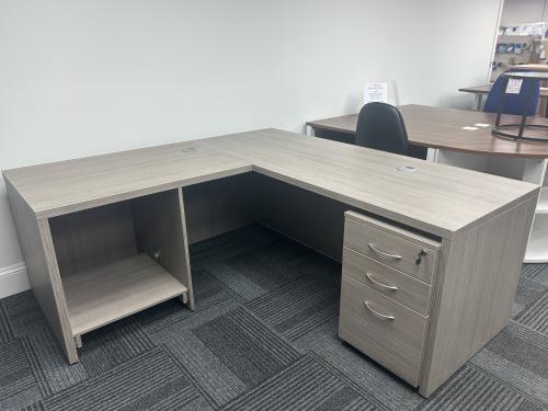 Used Executive Desk, With Mobile Pedestal & Storage Unit - In Grey Oak Finish. 1880mm Width x 1800mm Depth. 1 In Stock