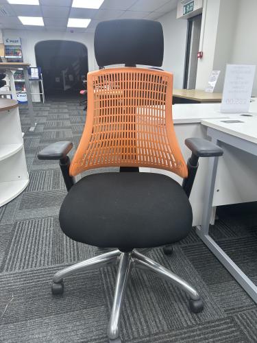 Used Dynamic Flex Mesh Back Task Chair, With Adjustable Arms, Headrest & Chrome Base - Orange Back. 3 In Stock