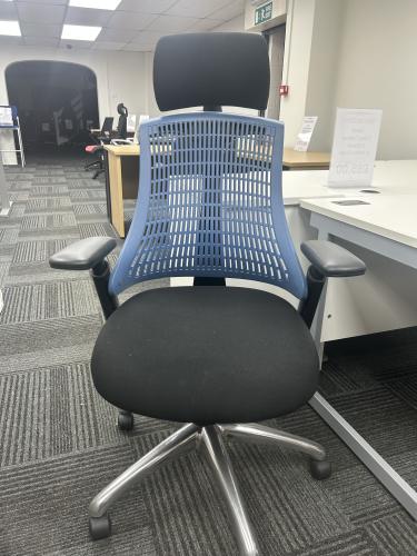 Used Dynamic Flex Mesh Back Task Chair, With Adjustable Arms, Headrest & Chrome Base - Blue Back. 2 In Stock