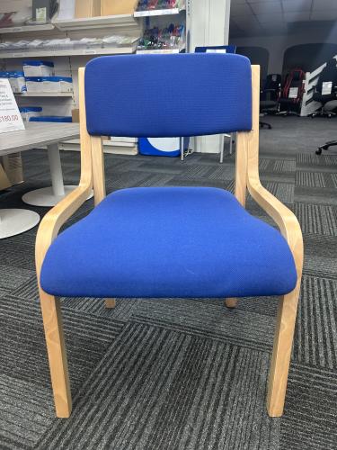 Used Reception/Visitor Chair, Without Arms - Wooden Frame & Blue Fabric. 5 In Stock