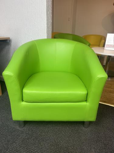 Used Tub Chair - Green Faux Leather & Chrome Feet. 2 In Stock