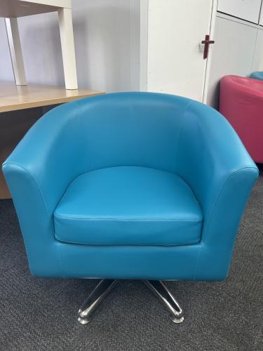 Used Tub Chair - Blue Faux Leather & Chrome Swivel Feet. 1 In Stock