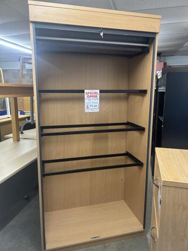 Used Top Opening Tambour Cupboard, In Beech Finish. Lateral Filing Frames For Suspension Files. 2000mm High x 1000mm Width x 540mm Depth. 1 In Stock