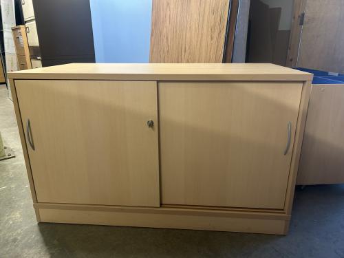 Used Sliding Door Cupboard, With 1 Shelf, In Beech Finish - 1200mm Width x 600mm Depth x 725mm High. 1 In Stock