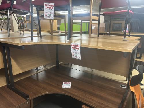 Used Crescent Desk, 1600mm Width x 1200mm Depth, Oak Finish & Black Cantilever Legs - 1 Left-Hand In Stock