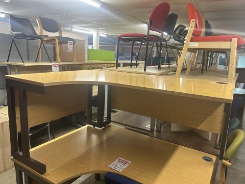 Used Crescent Desk, Left-Hand, In Oak Finish - 1600mm Width x 1200mm Depth. 1 In Stock