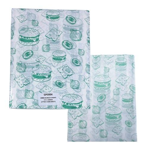 Greaseproof Paper Printed Green Burger Wraps 250x320mm Pack 1000