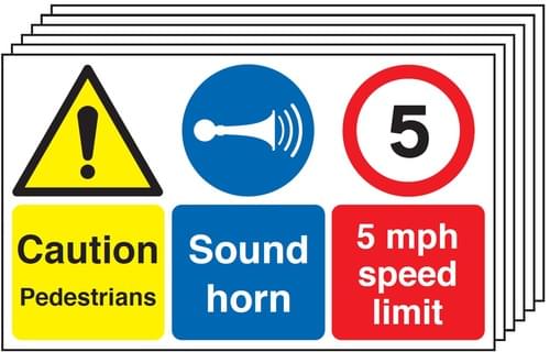 300x500mm Caution Pedestrians Sound Horn 5mph Speed Limit - Rigid Pk of 6