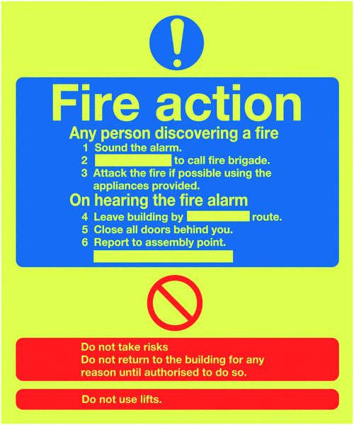 300x250mm Fire Action Notice (Standard) - Nite Glo Self Adhesive
