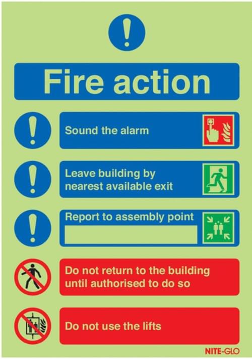 300x250mm Fire Action Notice (Symbolised) - Nite Glo Self Adhesive