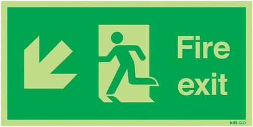 150x300mm Fire Exit Running Man Arrow Down Left - Nite Glo Self Adhesive